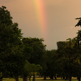 Picture of a rainbow over a golf course.